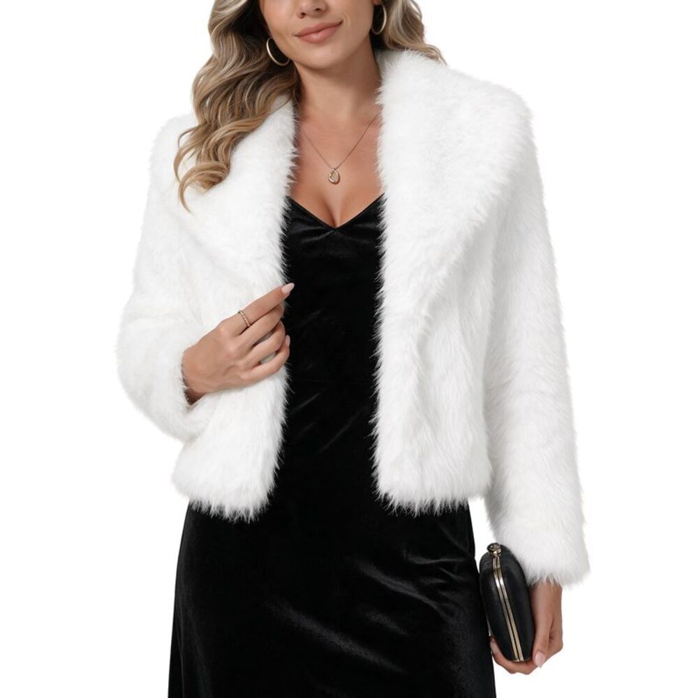 Women's Faux Fur Coat Lapel Fluffy Winter Outwear Short Crop Jacket White
